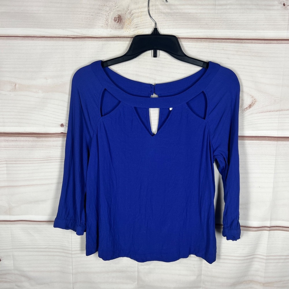 Cooperative Top Women Medium Blue Cut Out Neck Blouse 3/4 Sleeve Boat Neck Woven